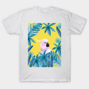 Cockatoo with tropical leaves in watercolor and a yellow background T-Shirt